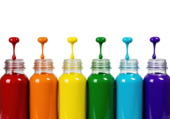 Seven tilted glass paint bottles, dripping vibrant, glossy liquid paint in perfect suspended drops, arranged in a rainbow spectrum against a minimalist white background, concept of artistic creativity
