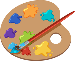 A colorful artist's palette with a paintbrush displaying a spectrum of vibrant paints isolated on transparent background