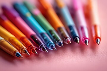 Obraz premium Assorted colored pens arranged on pink background with soft light