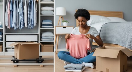 Woman Unpacking Clothes from Moving Boxes.