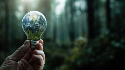 Hand holding light bulb containing miniature planet Earth and lush greenery, symbolizing environmental awareness and sustainability in serene forest setting
