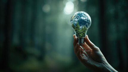 Hand holding light bulb containing vibrant planet Earth and lush greenery inside, symbolizing environmental awareness and sustainability in serene forest setting