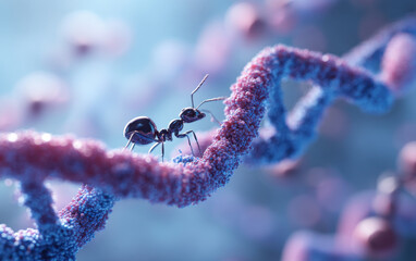 Macro shot of ant exploring colorful DNA strand, showcasing intricate details and vibrant colors. image evokes sense of curiosity and wonder about microscopic world