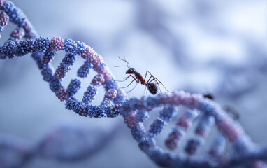 Macro shot of ant exploring DNA double helix structure, showcasing intricate details and vibrant colors. image evokes curiosity and highlights connection between nature and science
