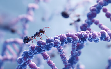 Macro shot of cartoon ants exploring vibrant DNA strands, showcasing intricate cellular structures in colorful and imaginative environment. scene evokes curiosity and wonder