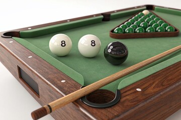 Realistic billiards snooker or pool banner with balls cue stick and triangle at billiards table 