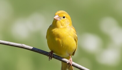 Fototapeta premium A Small Yellow Canary Perched On A Branch With A Blurred Green Background