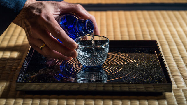 男性が枡に日本酒を注ぐ手元の丁寧な瞬間描写