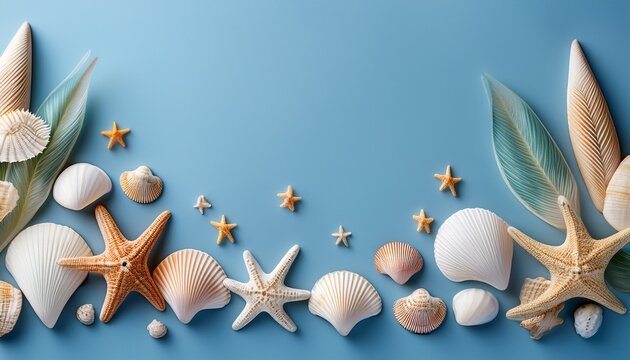 seashells and starfish on a light blue background - Powered by Adobe