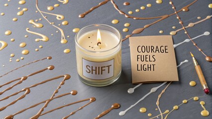 A burning candle with SHIFT label on a grey surface