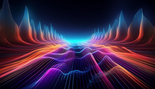 a futuristic digital landscape with flowing lines and illuminated textures - Powered by Adobe
