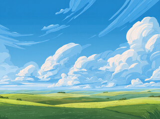 Fototapeta premium Vibrant landscape features bright blue sky adorned with fluffy white clouds, stretching over lush green grasslands. scene evokes sense of tranquility and openness, perfect for nature lovers