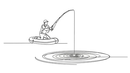 Fototapeta premium Man fishing from an inflatable boat in continuous line art style