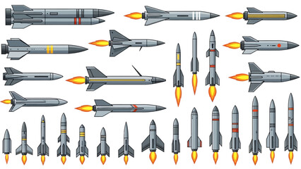 Collection of missiles and rockets with flames from engines