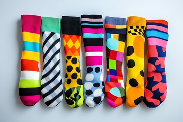 Playful collection of single socks in varied colors and patterns