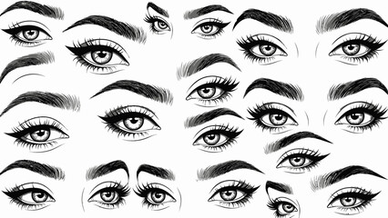A collection of beautifully drawn eyes with various eyebrow shapes.