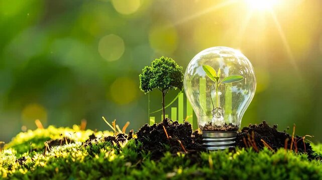 Energy efficiency lightbulb with green plant inside and small tree near it with chart in blurred background in sunlight