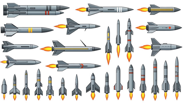Collection of missiles and rockets with flames from engines