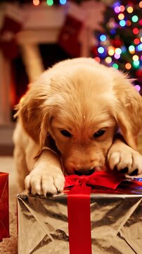 Puppy proudly sits on a present box surrounded by festive atmosphere, with a Christmas tree standing tall in the background, perfectly encapsulating the spirit of Christmas.