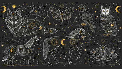Mystical celestial animals and constellations on a starry night © Tukang