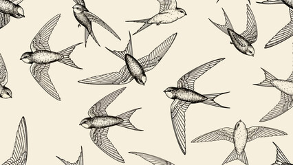 Obraz premium Vintage sketch of flying swallow birds in a pattern.