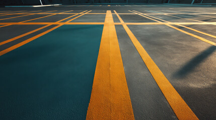 A close-up view of a parking lot surface, featuring distinct yellow and gray line markings on a textured asphalt background.