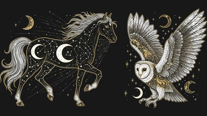 Celestial horse and owl with moons and stars