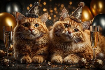 Luxury New Year party with cats, elegant living room, cats clinking miniature glasses with paws, playful smiles, disco lights reflecting in their eyes, party hats and sequins