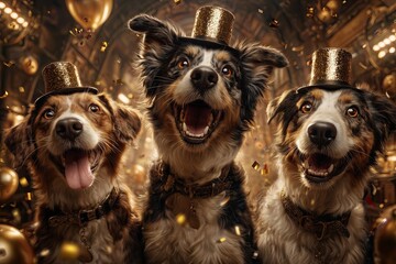 Dogs-only New Year celebration, several dogs laughing with open-mouth smiles, dancing on hind legs, wearing elegant New Year hats and shiny collars, fireworks visible through windows