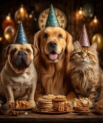 New Year celebration, golden retriever, french bulldog and two fluffy cats gathered around a small table with party snacks, wearing tiny party hats, clock striking midnight in background