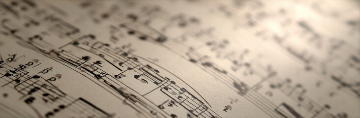 Close up view of music sheet background featuring intricate musical notations and symbols, evoking sense of creativity and artistic expression