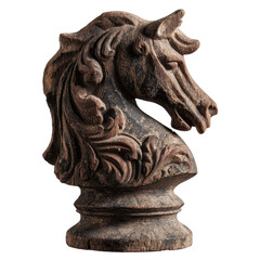 antique wooden chess knight piece isolated on transparent background