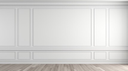 Fototapeta premium Minimalistic and Elegant White Interior Wall with Wooden Floor for Modern Design Concepts and Creative Decoration Ideas