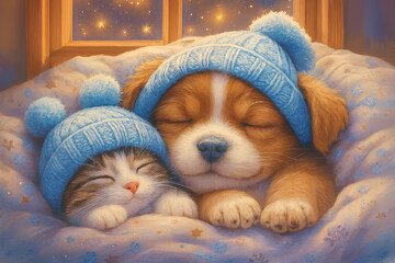 "3D Cozy Pet Companions &ndash; Kitten and Puppy in Blue Hats Under Starry Night for Friendship and Winter Themes"