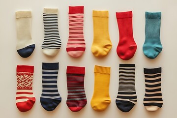 Neatly arranged pairs of socks featuring multiple colors and patterns