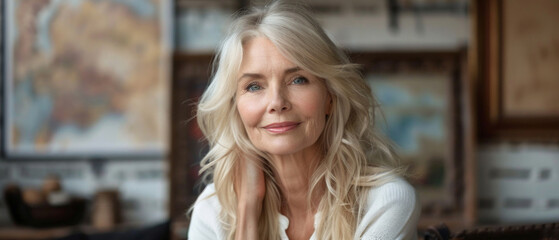 A woman with silver hair and a gentle smile against a blurred background conveys wisdom and serenity — a universal backdrop for articles about age, beauty, or life experience.