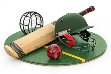 Realistic cricket bat leather ball and helmet on playground vector