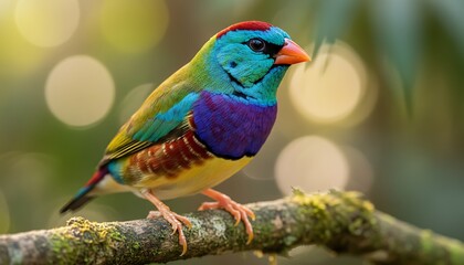 Fototapeta premium Colorful Gouldian Finch Perched on Mossy Branch with Blurred Green Foliage Background and Soft Bokeh Lighting
