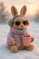 "Winter Bunny with Mug &ndash; Plush Rabbit in Snow with Earmuffs, Sweater, and Sunset Glow for Cozy Themes"