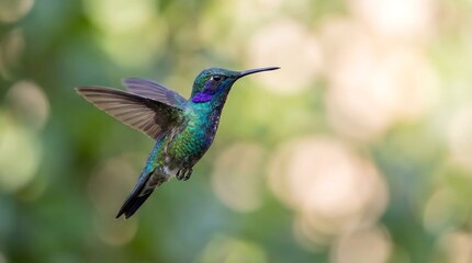 Obraz premium Iridescent Hummingbird Mid Flight With Green Blurred Background And Soft Bokeh Lighting