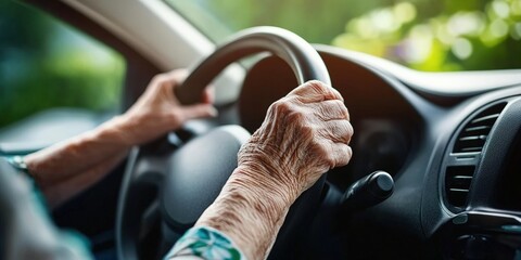 Senior hands gripping steering wheel of a car under warm sunlight highlighting age, wisdom, and independence in everyday life and travel adventures