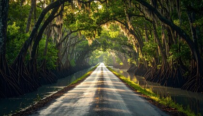 Scenic Road Lined with Lush Green Trees and Sunlight.