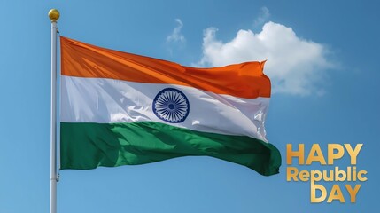 Indian flag in the wind with words happy republic day 