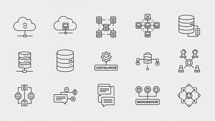 Cloud Computing and Network Technology Icons Set - Data Servers, Load Balancer, Microservices