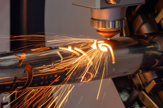 Close up scene the fiber laser cutting machine cut the stainless steel tube control by CNC program.