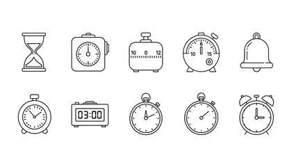 Collection of Clock and Timer Icons: Hourglass, Alarm, Stopwatch, Bell