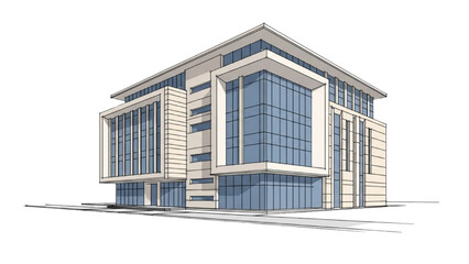 Modern architectural rendering of a contemporary office building with sleek glass facade and minimalist design