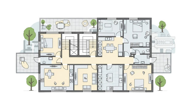 Detailed architectural floor plan of a modern residential building with various rooms and outdoor spaces - Powered by Adobe