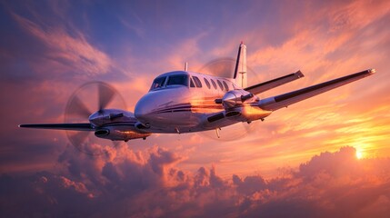 A private jet flying through a dramatic sunset sky with vibrant colors and clouds.
