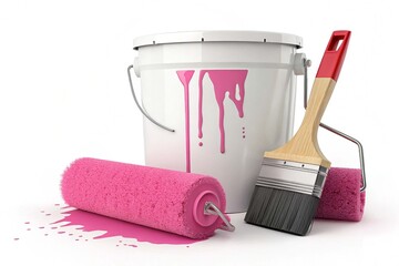 Vector realistic wall painter tool brush, roller and bucket with pink paint